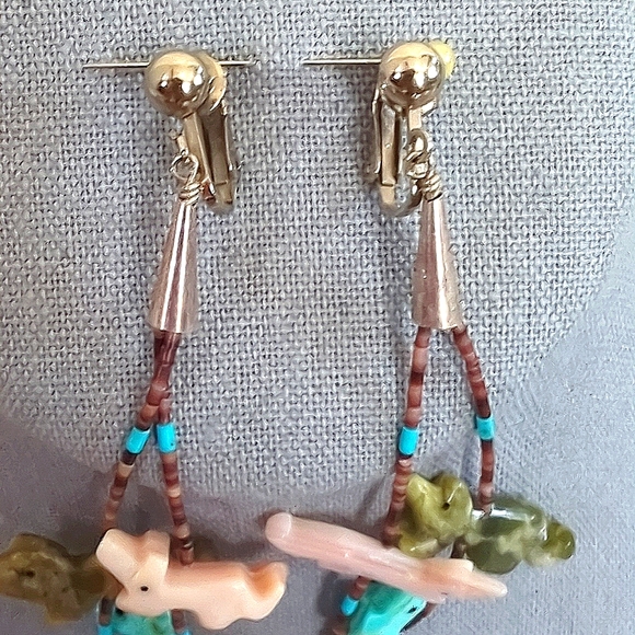 Vintage Native American Zuni Sterling Silver Carved Gemstone Necklace Earrings - Picture 8 of 12